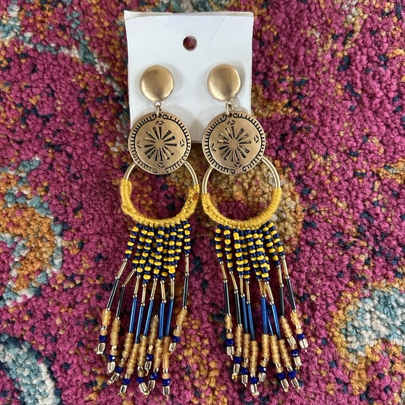 NWT Free People | Women’s gold/mustard/blue beaded Wait For Me earrings.  OS - Picture 6 of 12
